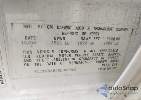 2009 Chevrolet Aveo Lt z USA, uszkodzony, nr VIN KL1TG56E59B399005